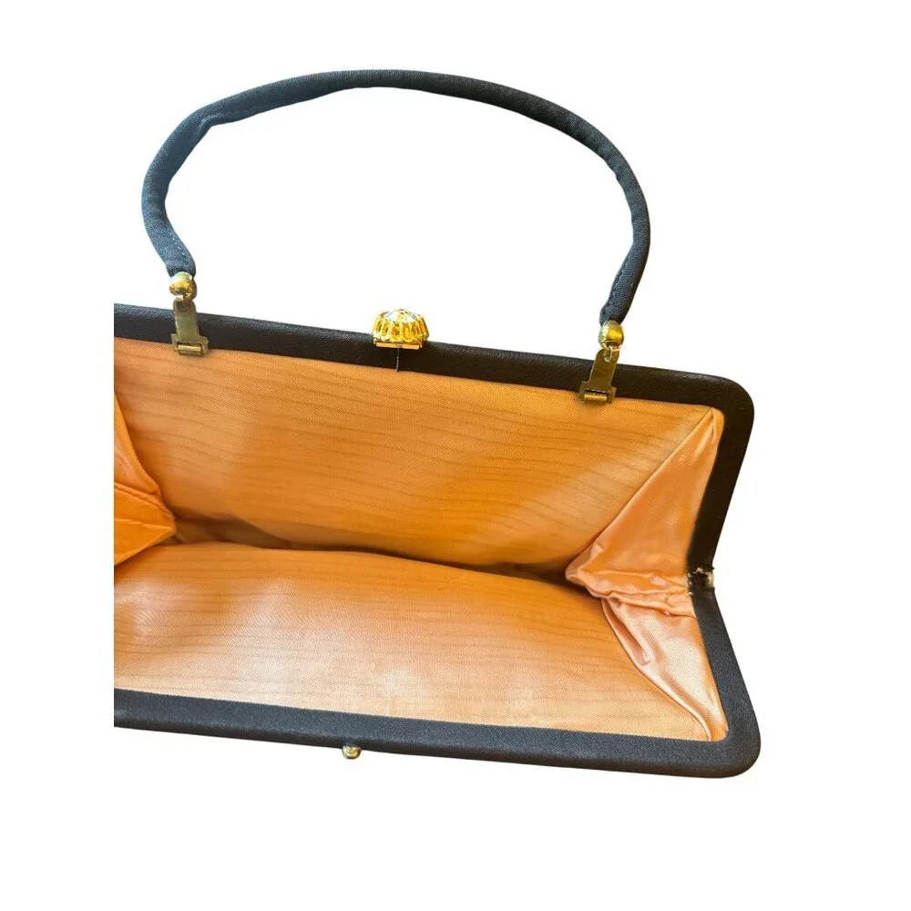 Vintage Black Evening Bag With Gold-Tone Clasp & Peach Satin Lining‎ Dance Prom
